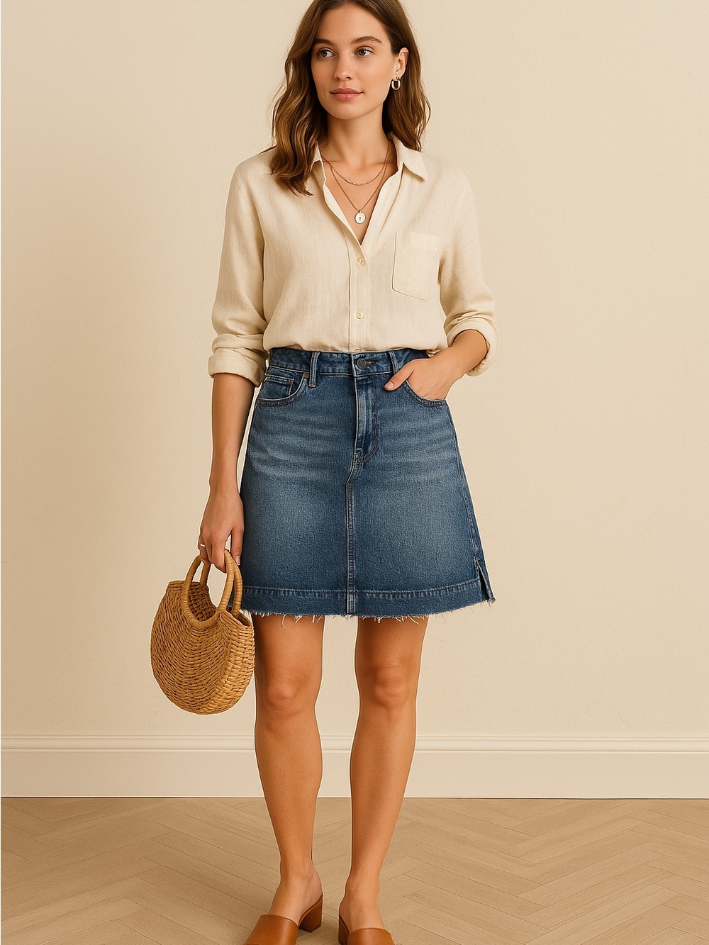 High-Rise Blue Denim A-Line Skirt - Women